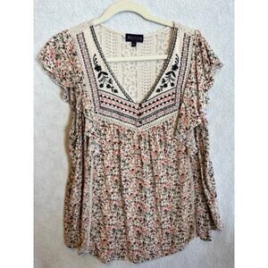 Artesia lace back v neck floral blouse capped sleeves preowned excellent size XL